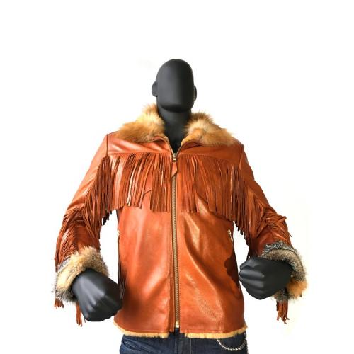 G-Gator Cognac Leather Jacket With Fringes And Rabbit Lining 